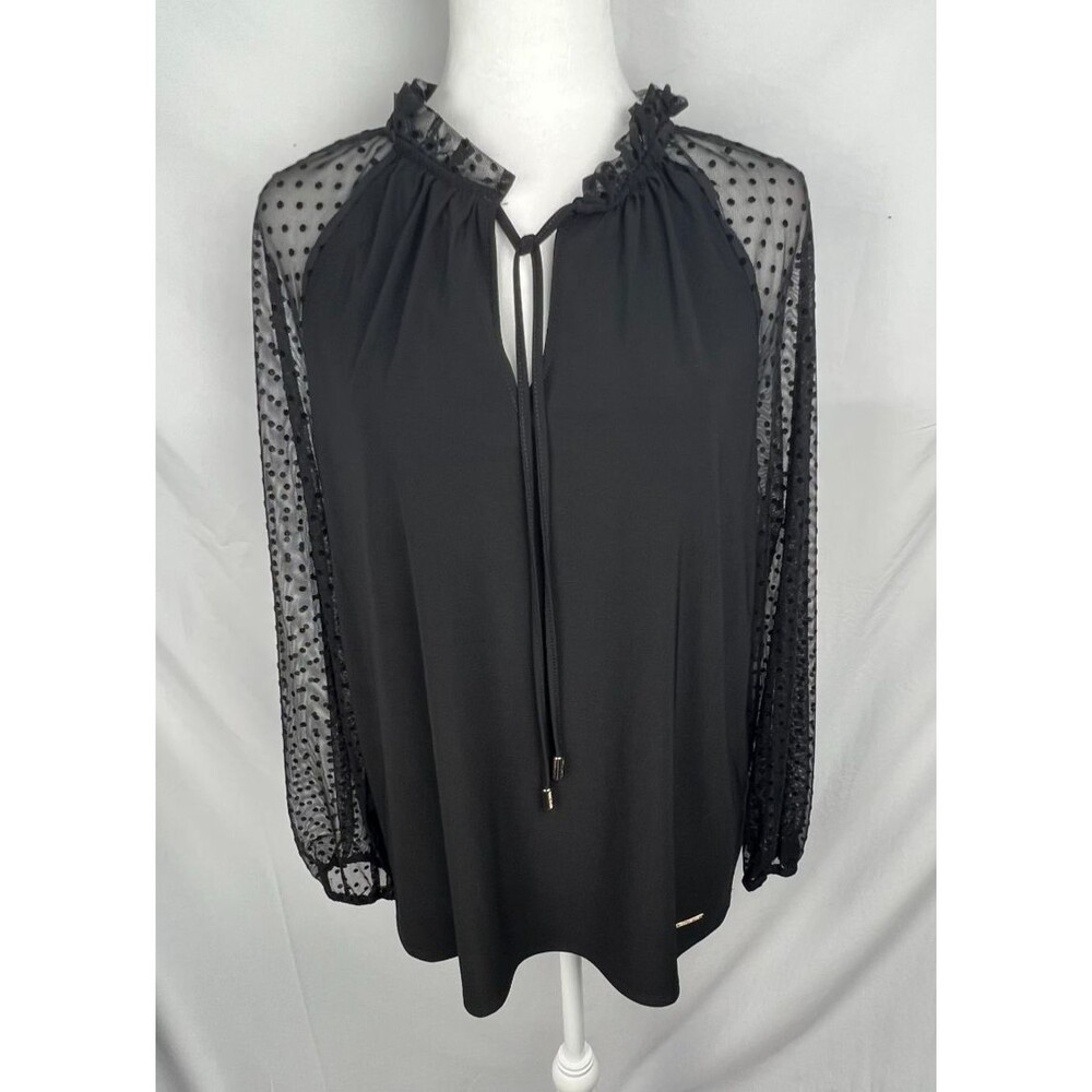 Anne Klein Blouse Top Women's Size L Black Sheer Polka Dot Mesh Ruffle Tie Neck